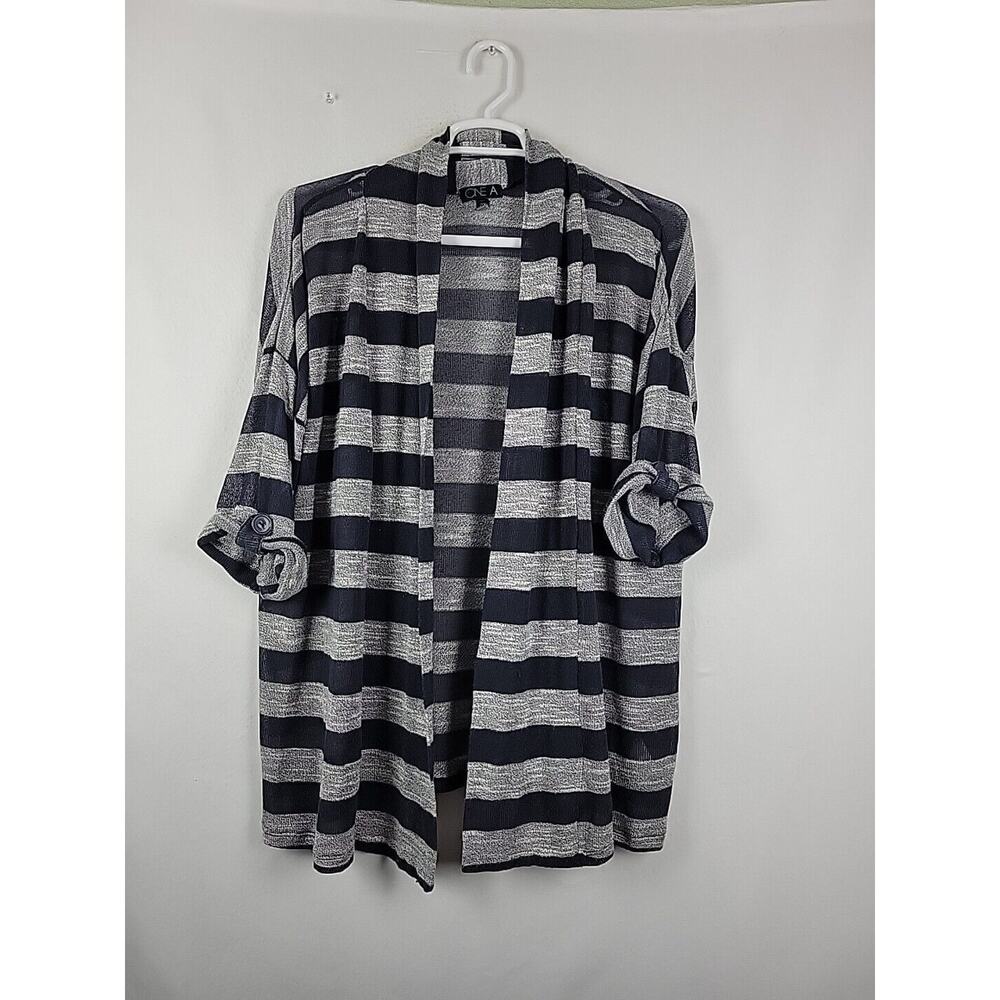 ONE A Navy Blue Gray Striped Roll Tab Sleeve Knit Cardigan Women's Plus 2X